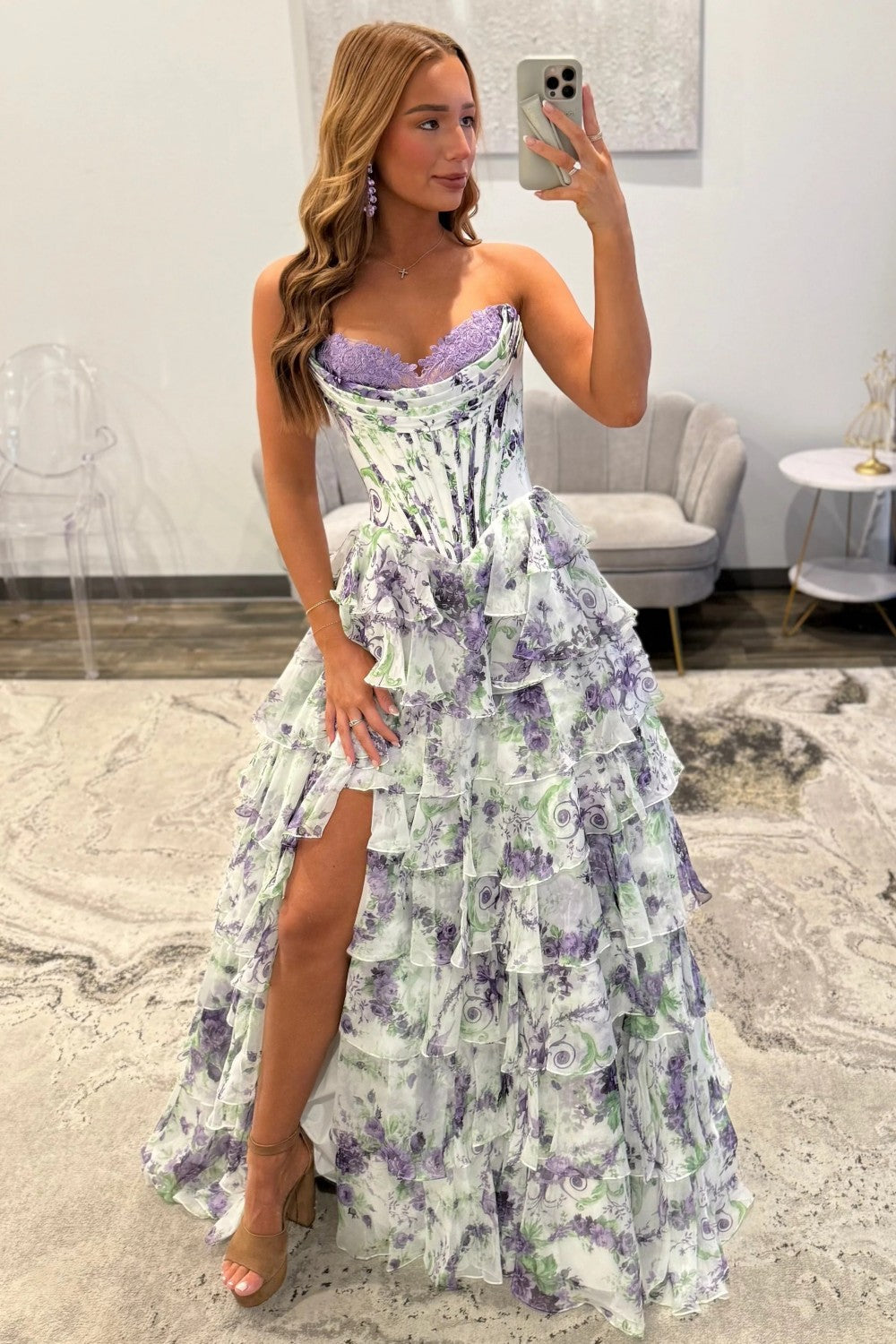 Pink Floral Sweetheart Princess Tiered Long Prom Dress with Slit