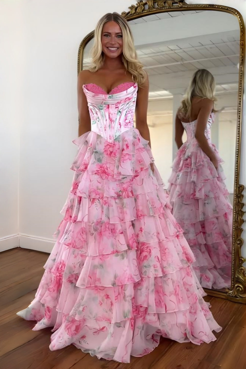 Pink Floral Sweetheart Princess Tiered Long Prom Dress with Slit