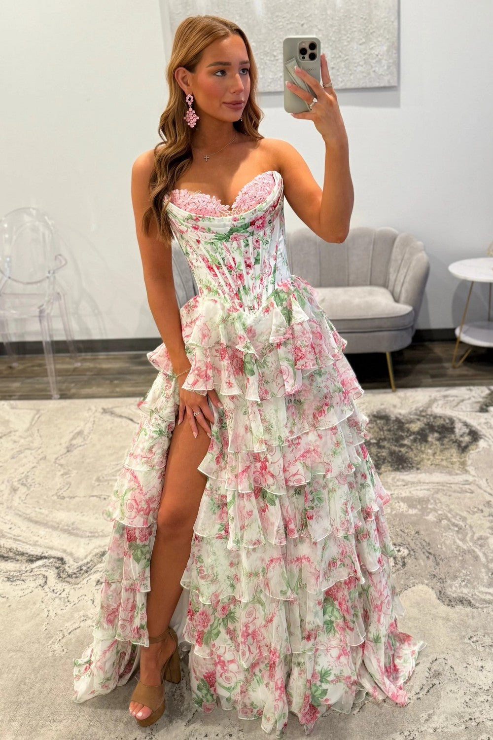 Pink Floral Sweetheart Princess Tiered Long Prom Dress with Slit