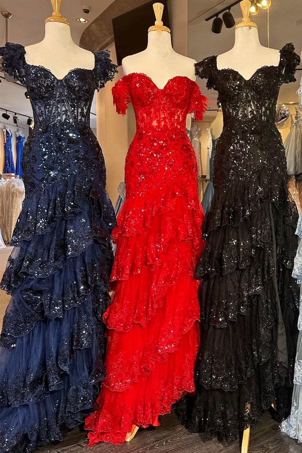 Red Sequin Embroidery Mermaid Tiered Long Prom Dress with Slit