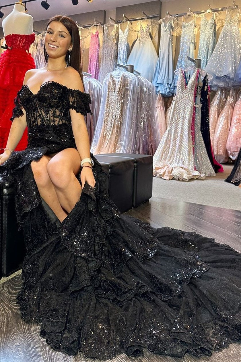 Red Sequin Embroidery Mermaid Tiered Long Prom Dress with Slit