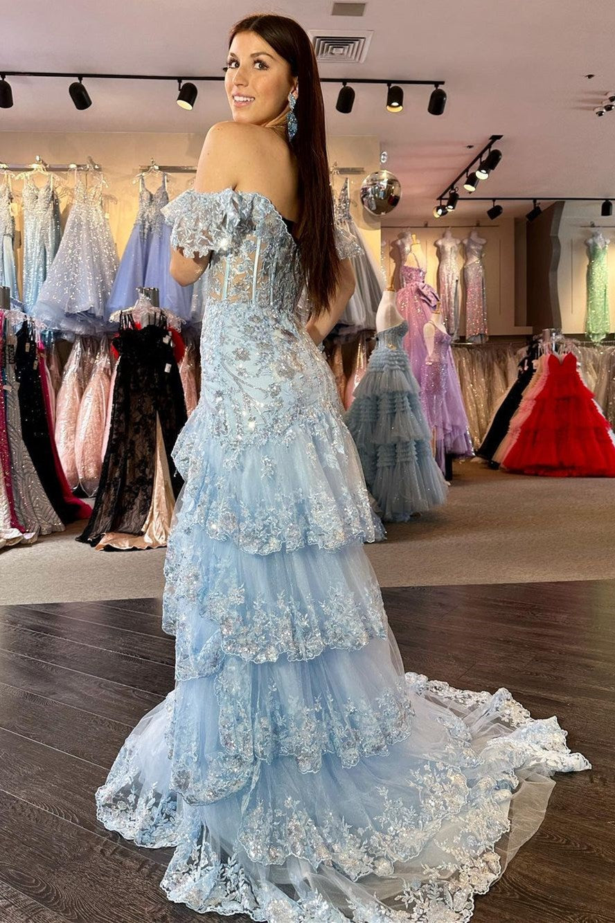 Red Sequin Embroidery Mermaid Tiered Long Prom Dress with Slit