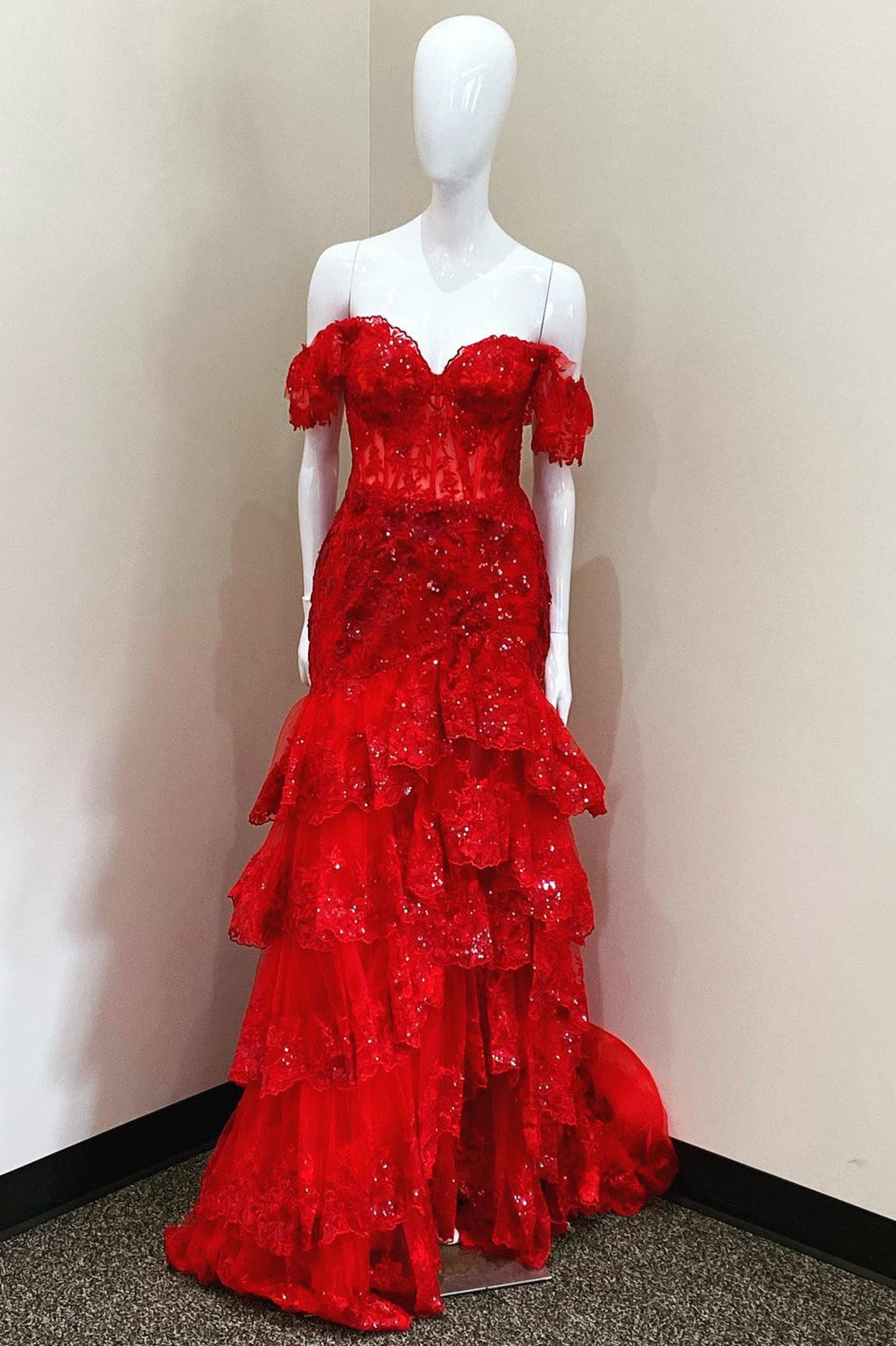 Red Sequin Embroidery Mermaid Tiered Long Prom Dress with Slit
