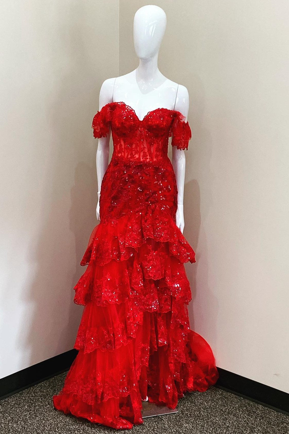 Red Sequin Embroidery Mermaid Tiered Long Prom Dress with Slit