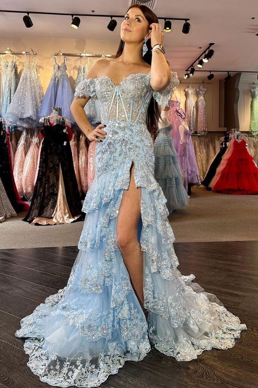 Red Sequin Embroidery Mermaid Tiered Long Prom Dress with Slit