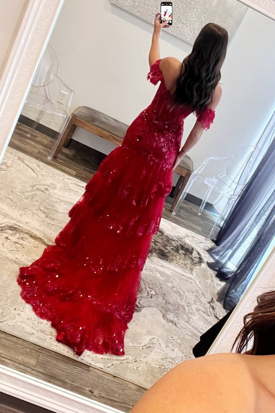 Red Sequin Embroidery Mermaid Tiered Long Prom Dress with Slit