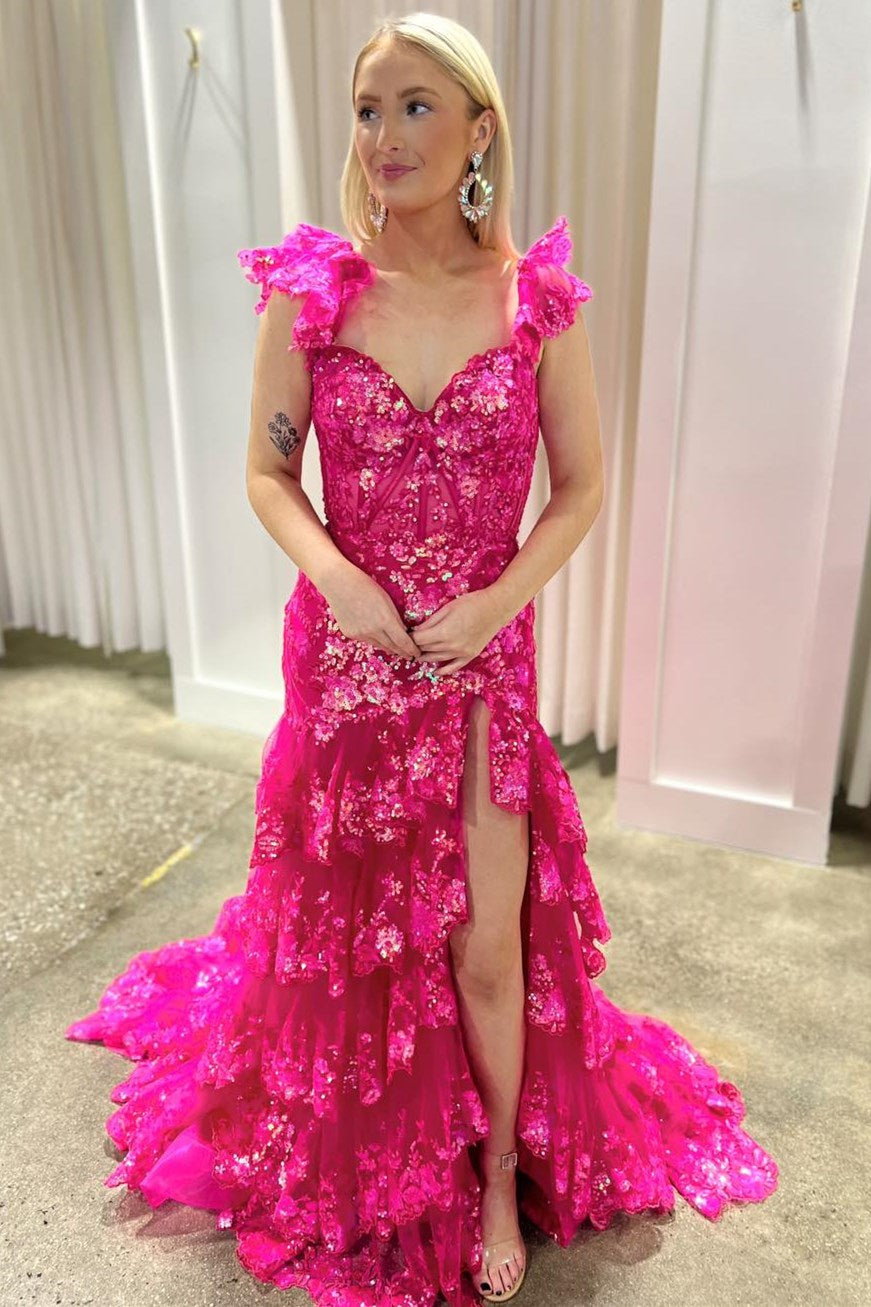 Red Sequin Embroidery Mermaid Tiered Long Prom Dress with Slit