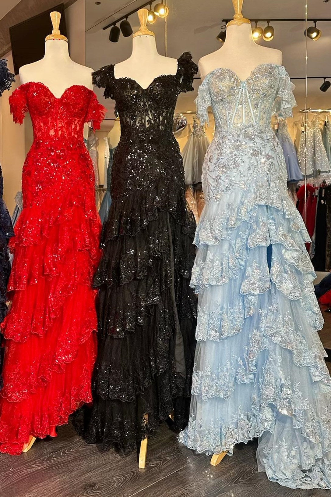 Red Sequin Embroidery Mermaid Tiered Long Prom Dress with Slit