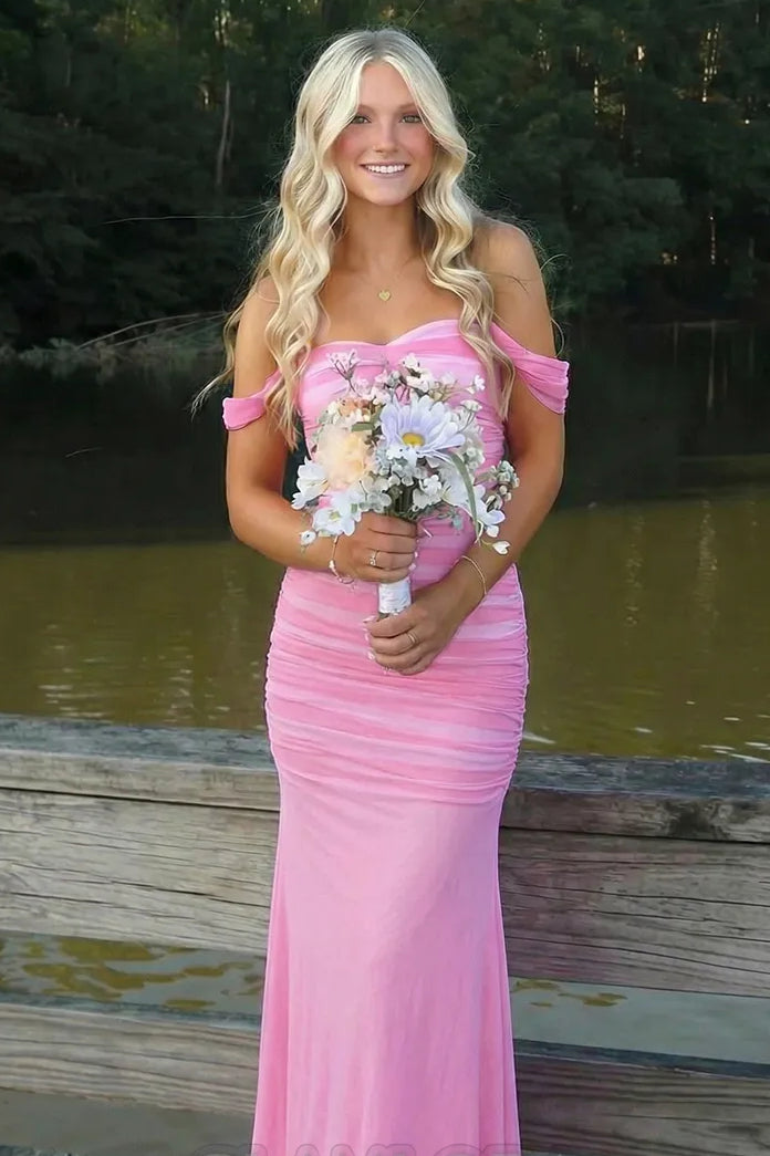 Pink Off-the-Shoulder Mermaid Ruched Long Prom Dress