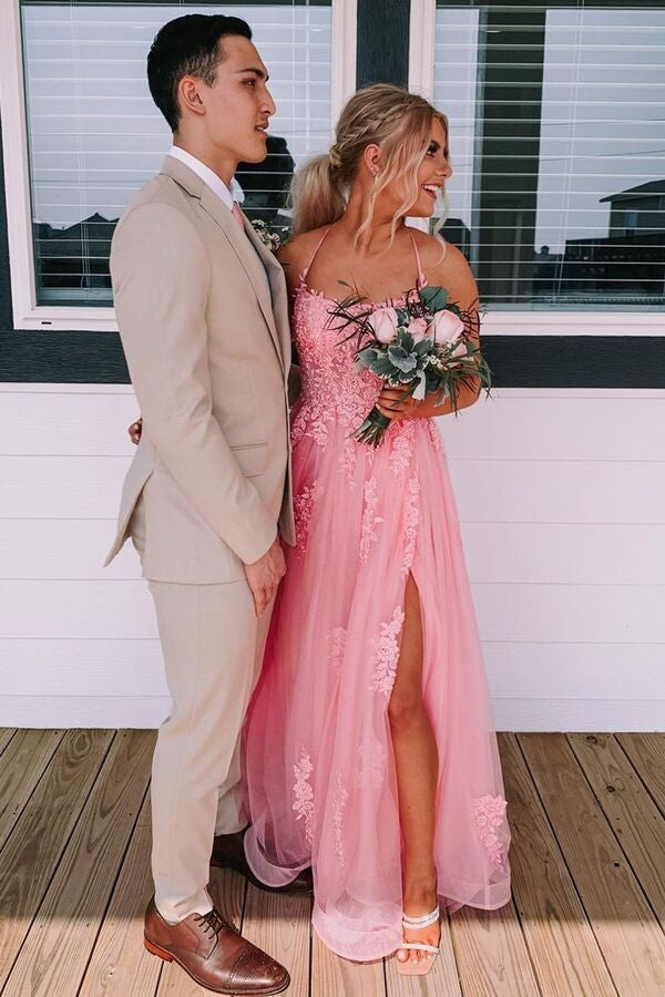 Blush Spaghetti Straps A-Line Tulle Long Prom Dress with Appliques