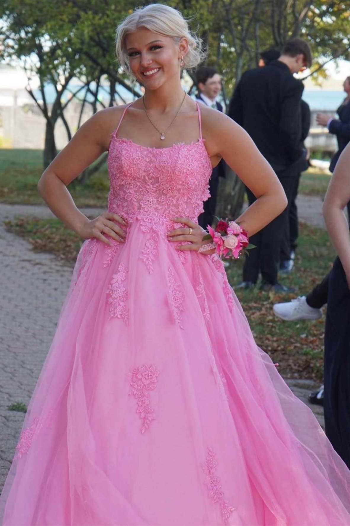 Blush Spaghetti Straps A-Line Tulle Long Prom Dress with Appliques