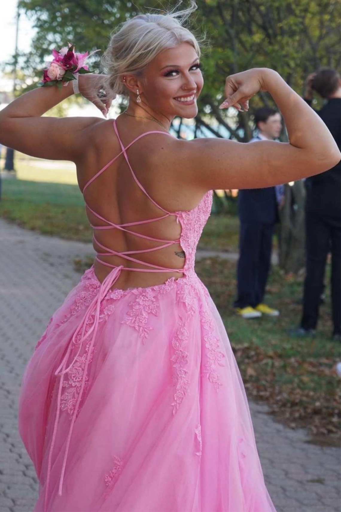Blush Spaghetti Straps A-Line Tulle Long Prom Dress with Appliques