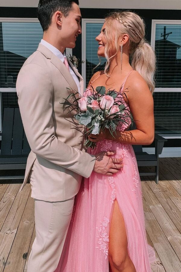 Blush Spaghetti Straps A-Line Tulle Long Prom Dress with Appliques