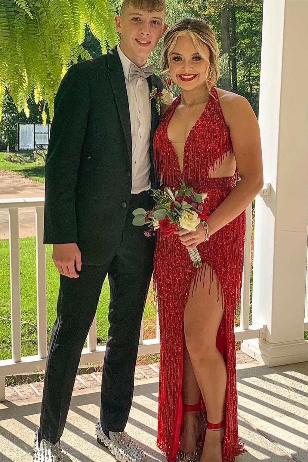 Sparkly Red Halter Sequin Mermaid Long Prom Dress with Tassels