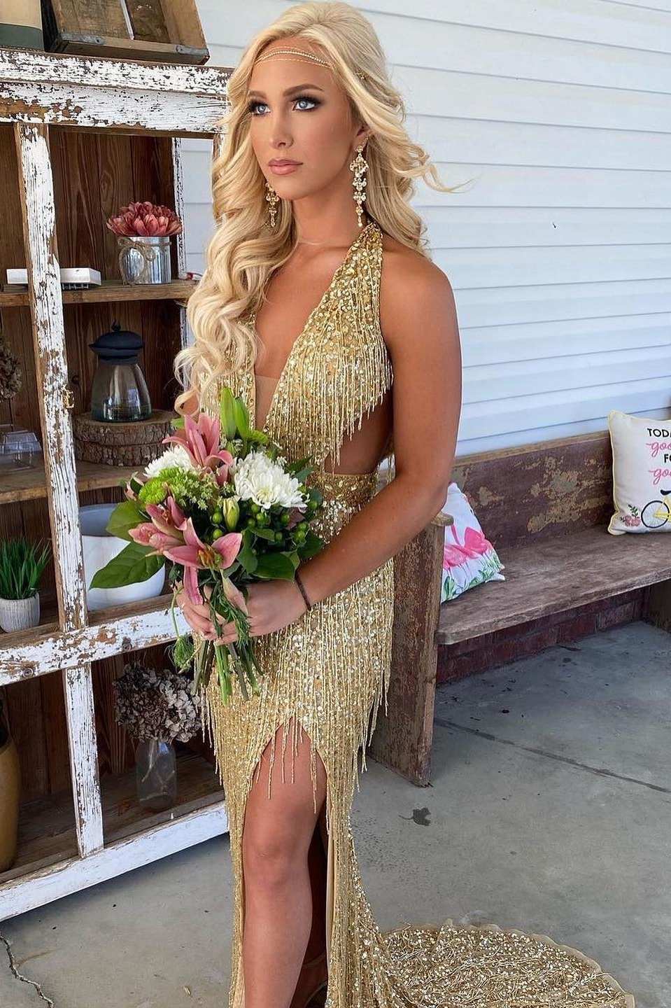Sparkly Red Halter Sequin Mermaid Long Prom Dress with Tassels
