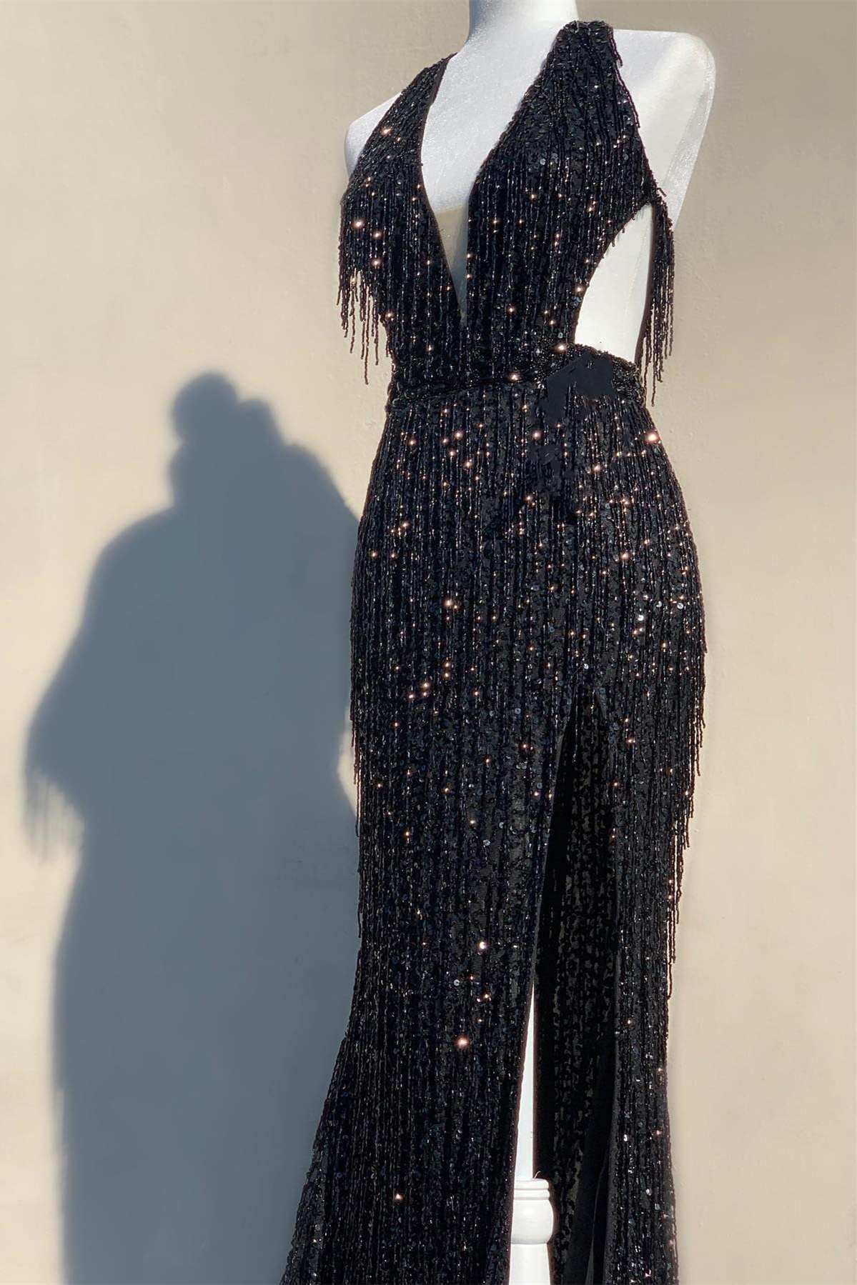 Sparkly Red Halter Sequin Mermaid Long Prom Dress with Tassels