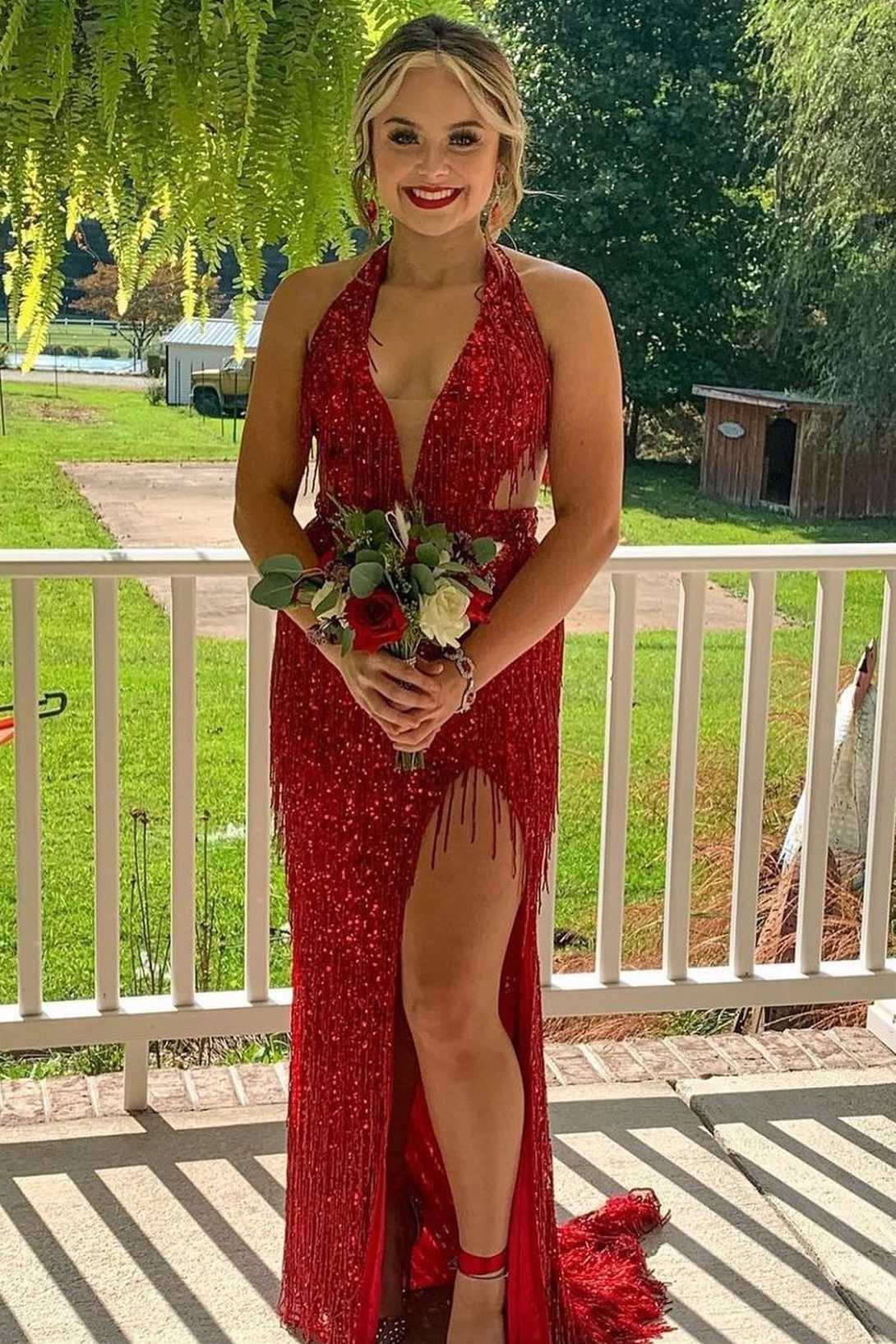 Sparkly Red Halter Sequin Mermaid Long Prom Dress with Tassels