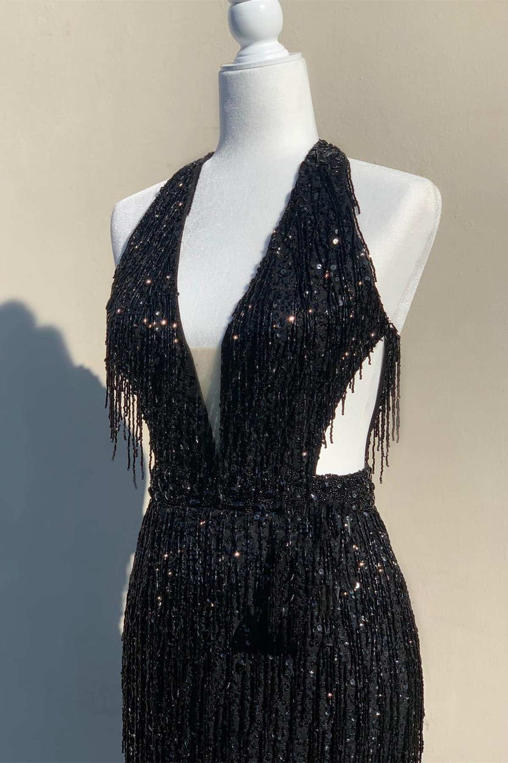 Sparkly Red Halter Sequin Mermaid Long Prom Dress with Tassels