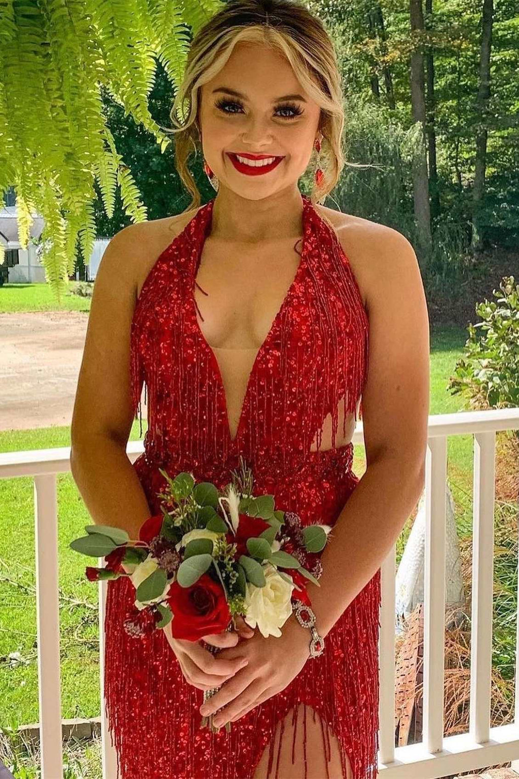 Sparkly Red Halter Sequin Mermaid Long Prom Dress with Tassels