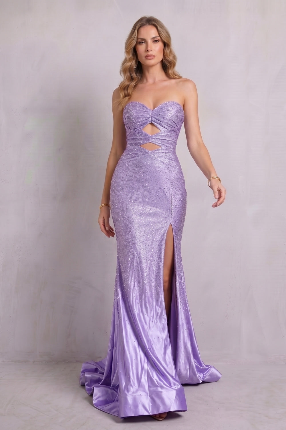 Glitter Lilac Beaded Sweetheart Mermaid Long Prom Dress with Slit