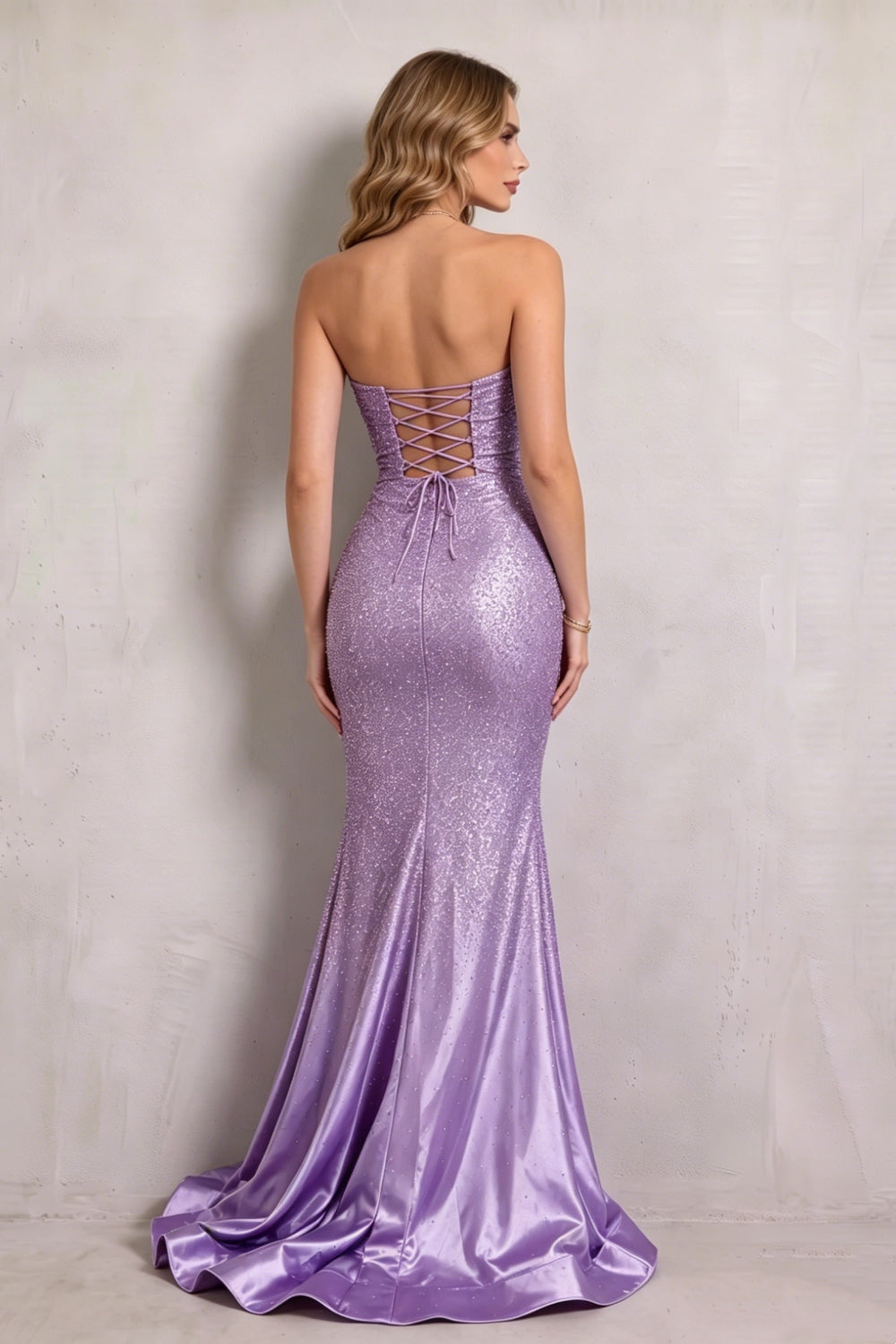 Glitter Lilac Beaded Sweetheart Mermaid Long Prom Dress with Slit