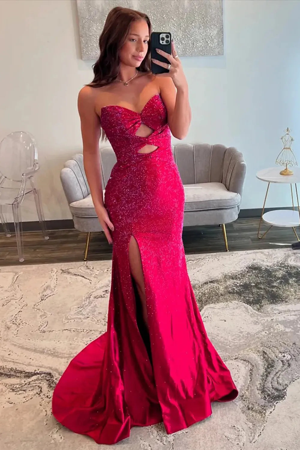 Sparkly Lilac Beaded Sweetheart Mermaid Long Prom Dress with Slit