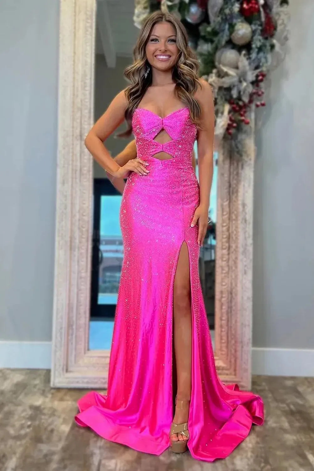 Sparkly Lilac Beaded Sweetheart Mermaid Long Prom Dress with Slit