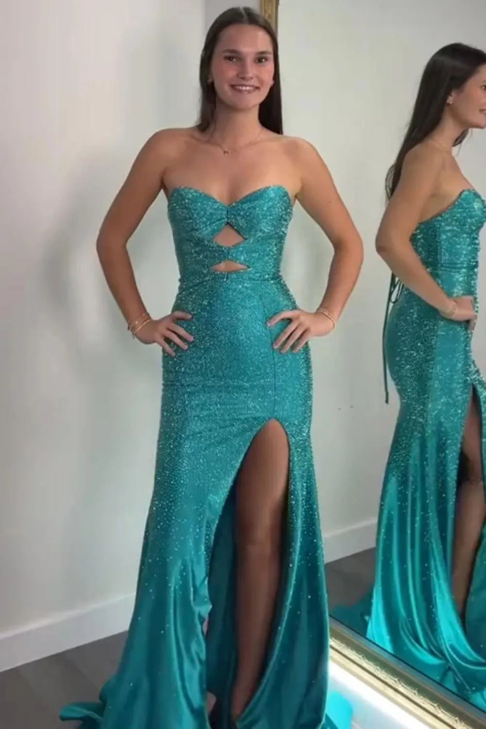 Sparkly Lilac Beaded Sweetheart Mermaid Long Prom Dress with Slit