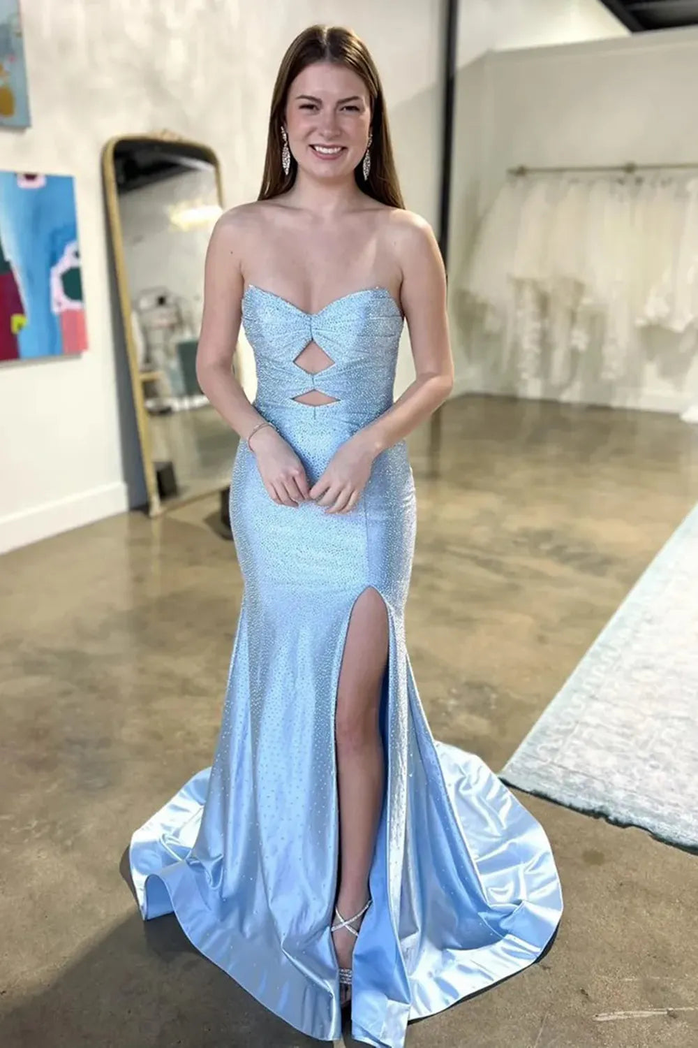 Sparkly Lilac Beaded Sweetheart Mermaid Long Prom Dress with Slit