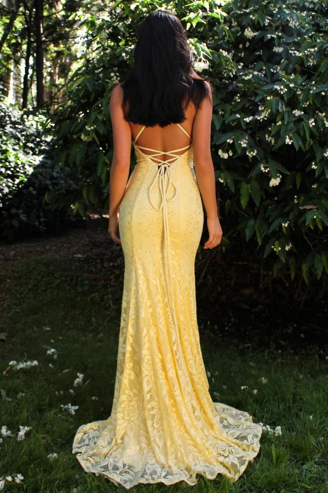 Yellow Spaghetti Straps Lace Mermaid Long Prom Dress with Beading