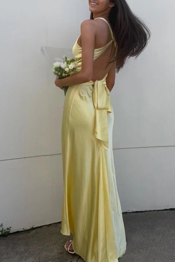 Simple Green V-Neck Satin Mermaid Long Prom Dress