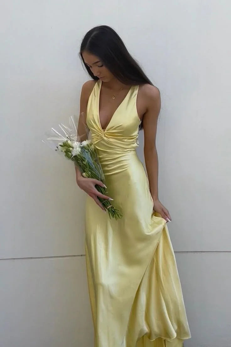 Simple Green V-Neck Satin Mermaid Long Prom Dress