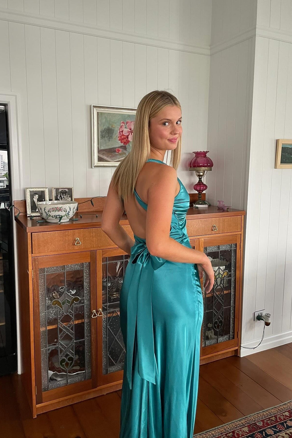 Simple Green V-Neck Satin Mermaid Long Prom Dress