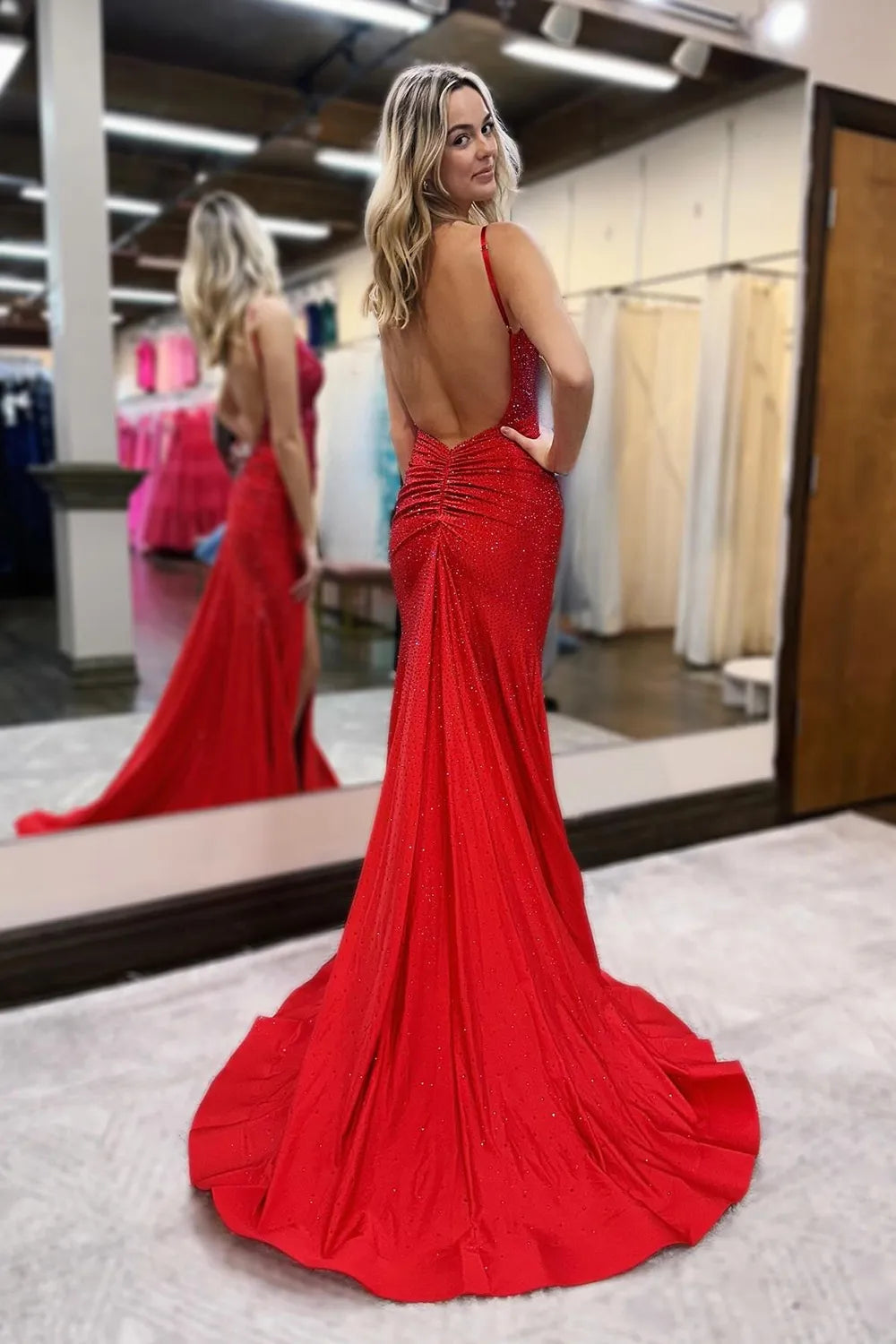 Royal Blue Spaghetti Straps Beaded Mermaid Long Prom Dress with Slit