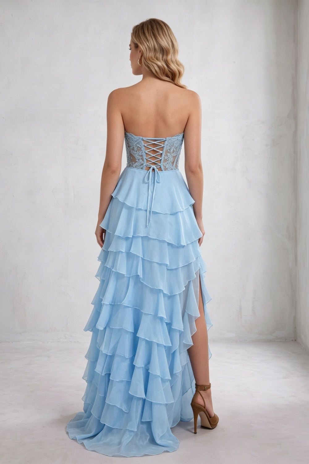 Light Blue Sweetheart Chiffon Tiered Long Corset Prom Dress with Appliques