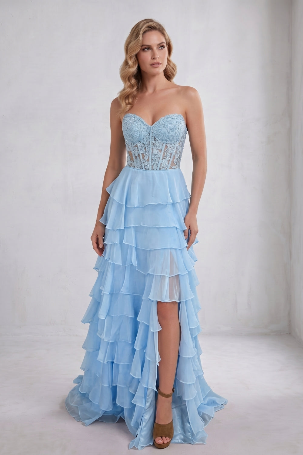 Light Blue Sweetheart Chiffon Tiered Long Corset Prom Dress with Appliques