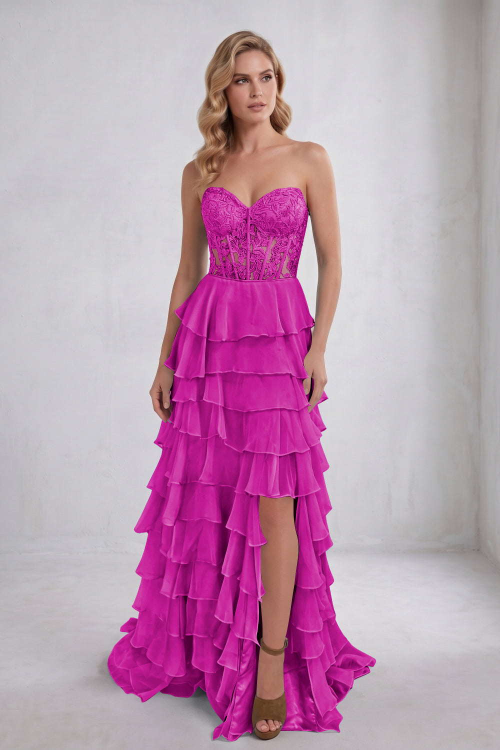 Light Blue Sweetheart Chiffon Tiered Long Corset Prom Dress with Appliques