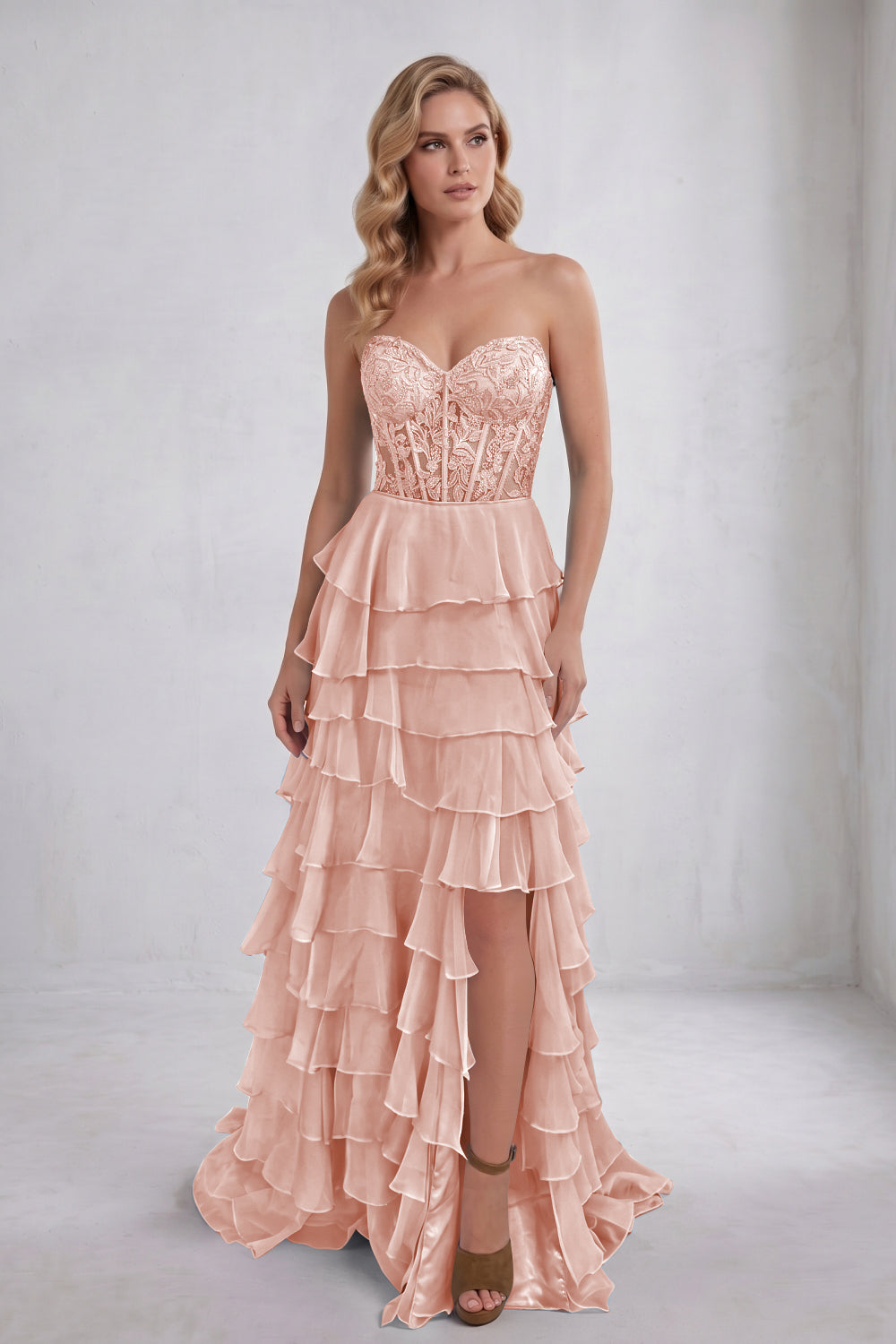 Light Blue Sweetheart Chiffon Tiered Long Corset Prom Dress with Appliques