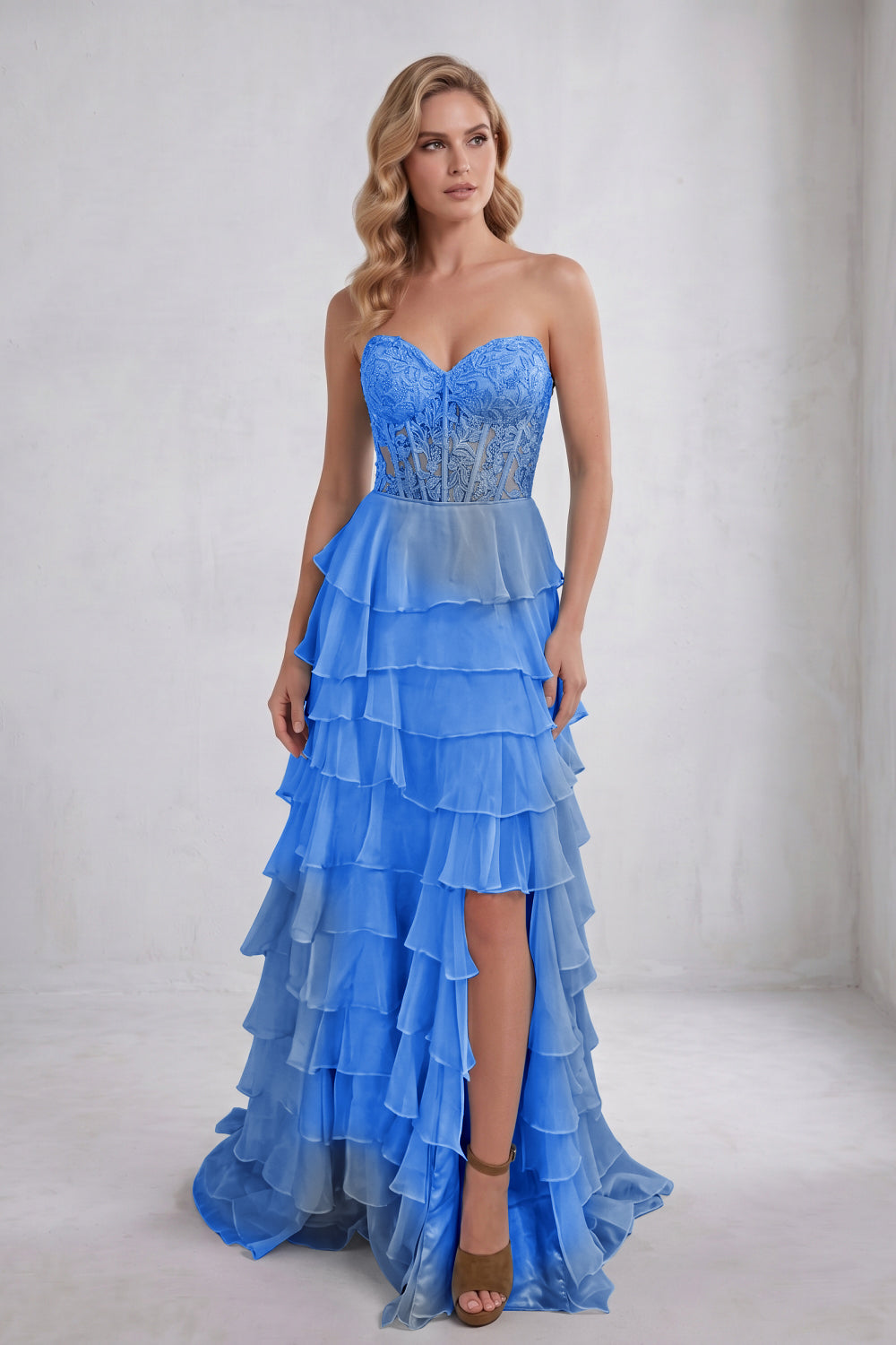 Light Blue Sweetheart Chiffon Tiered Long Corset Prom Dress with Appliques