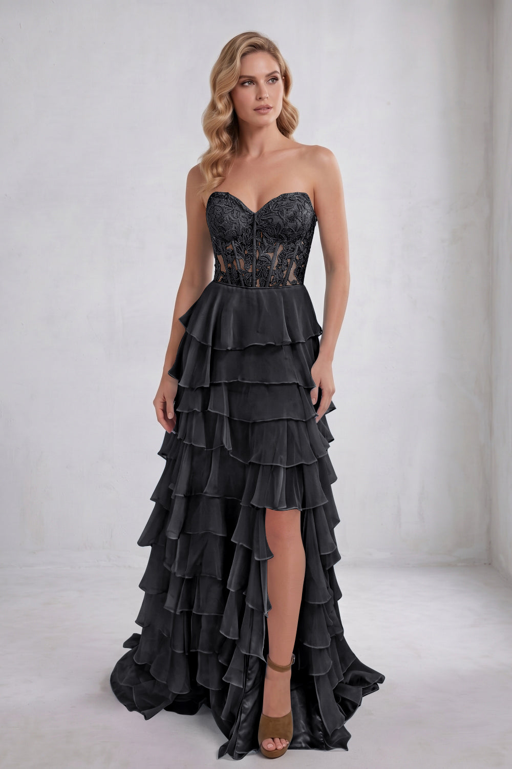 Light Blue Sweetheart Chiffon Tiered Long Corset Prom Dress with Appliques