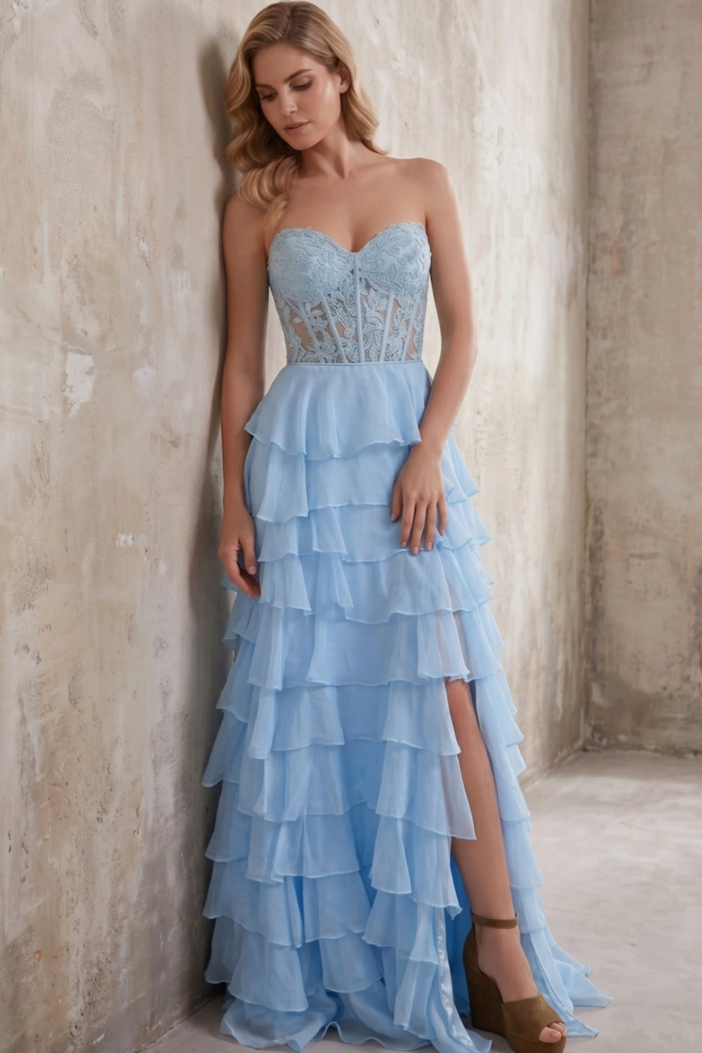 Light Blue Sweetheart Chiffon Tiered Long Corset Prom Dress with Appliques