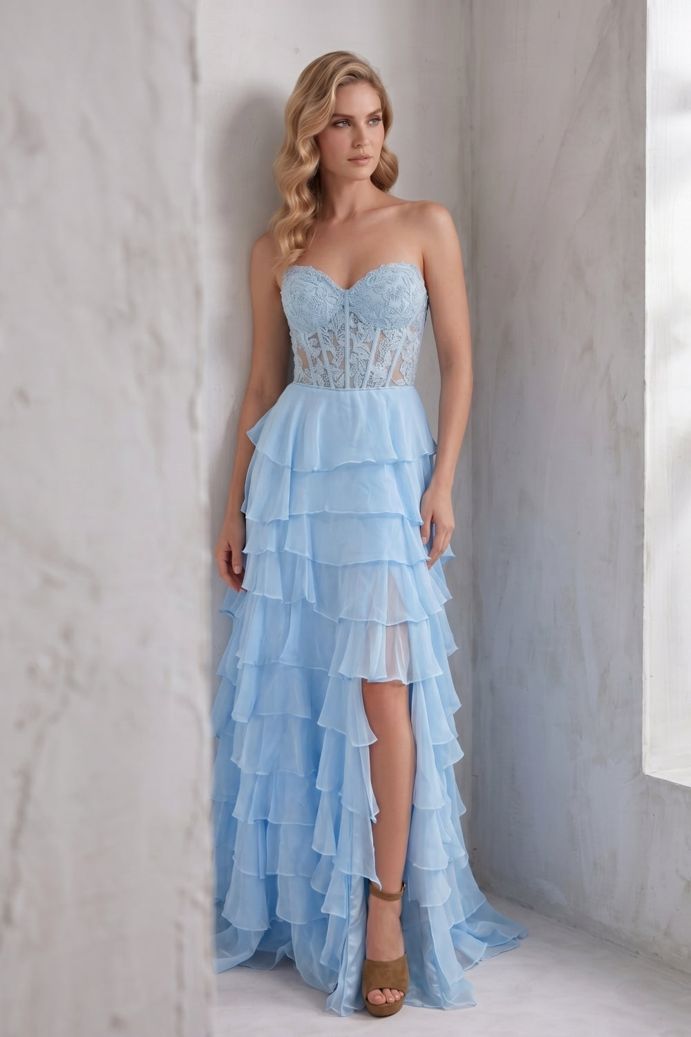 Light Blue Sweetheart Chiffon Tiered Long Corset Prom Dress with Appliques