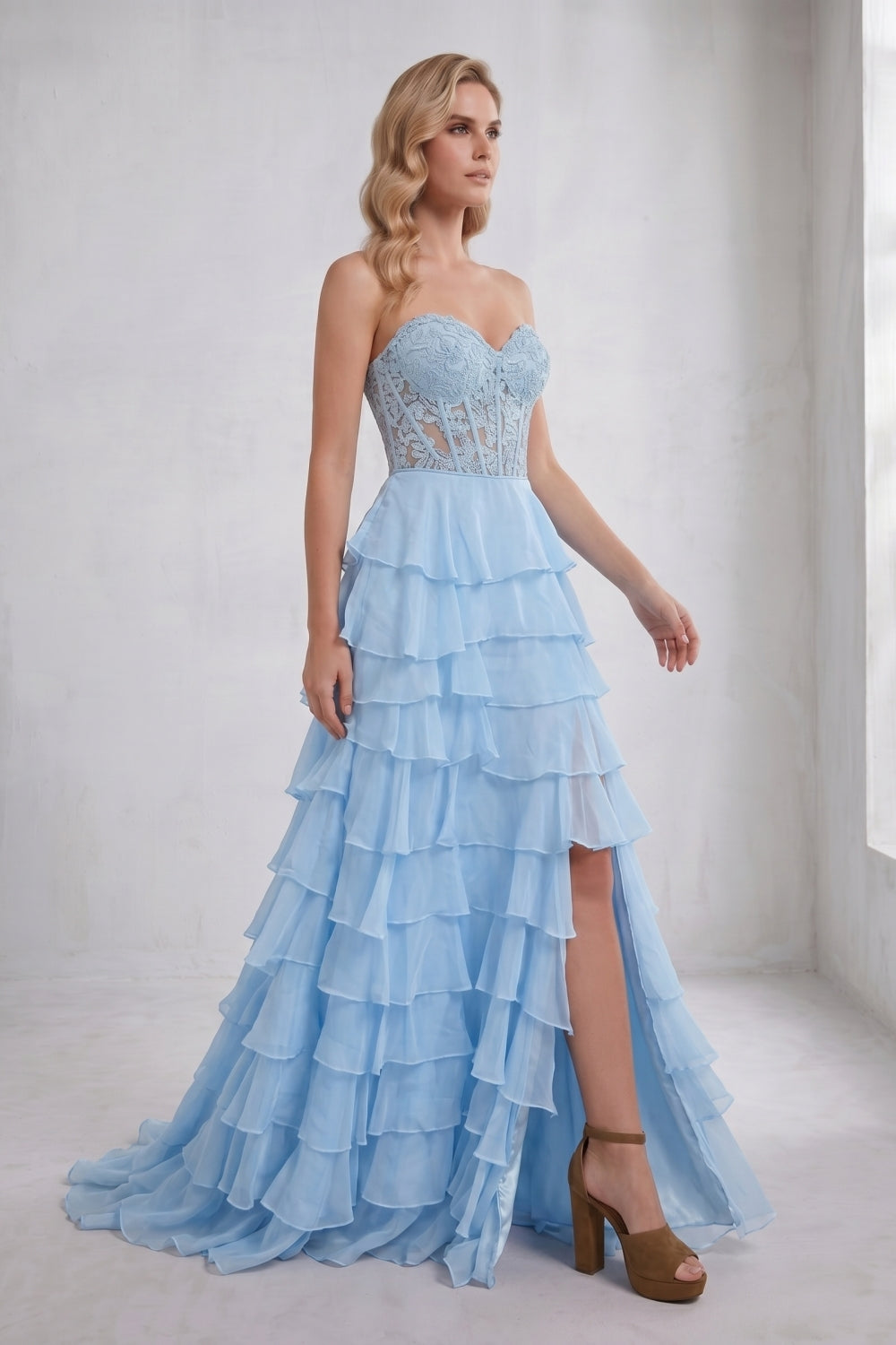 Light Blue Sweetheart Chiffon Tiered Long Corset Prom Dress with Appliques