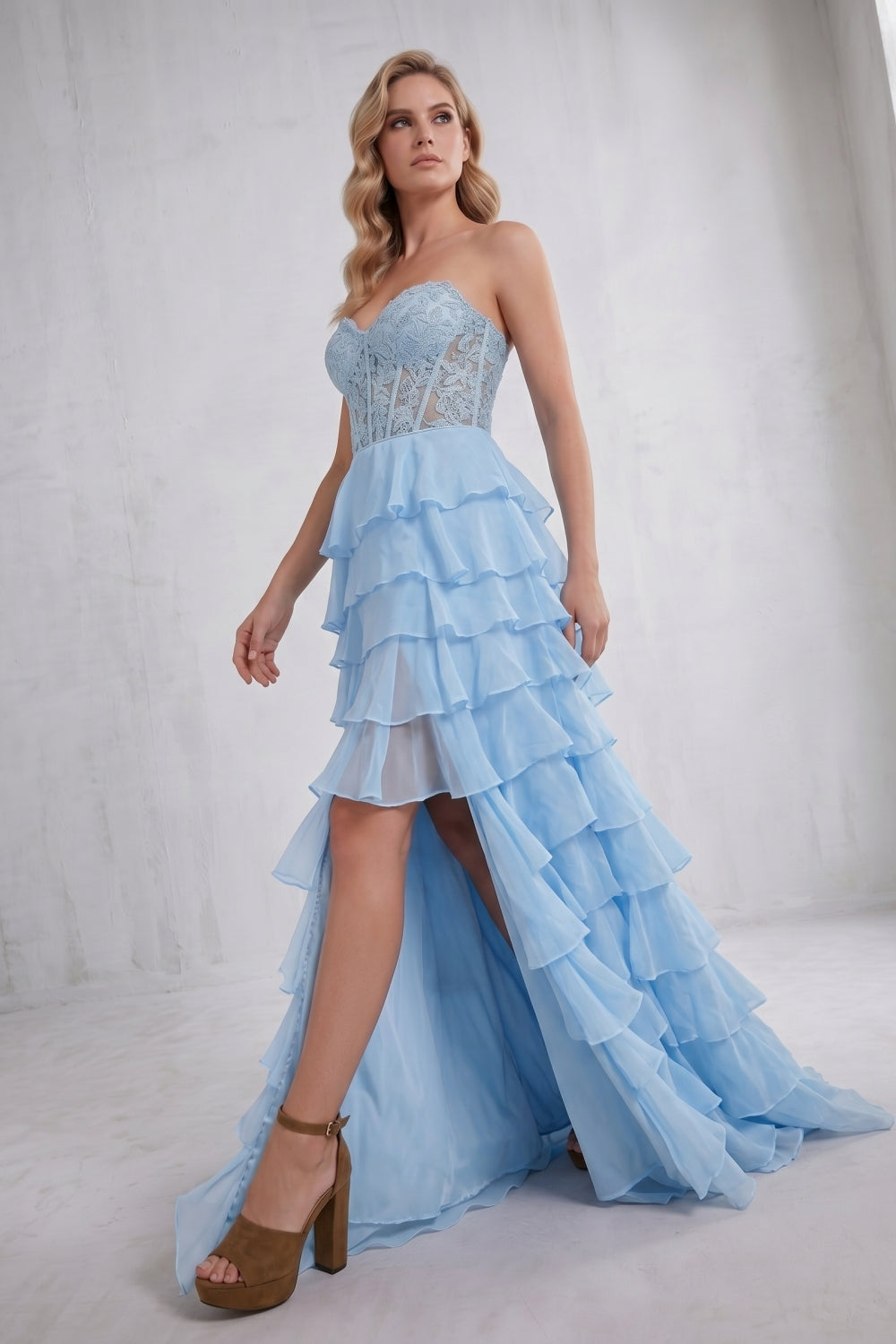Light Blue Sweetheart Chiffon Tiered Long Corset Prom Dress with Appliques
