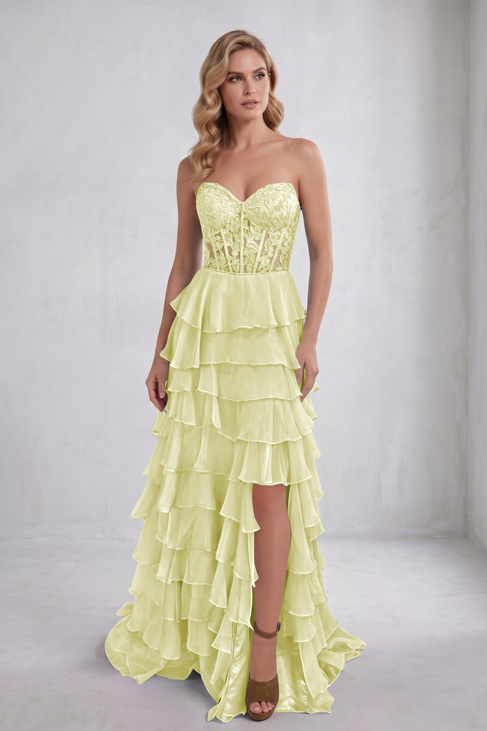 Light Blue Sweetheart Chiffon Tiered Long Corset Prom Dress with Appliques