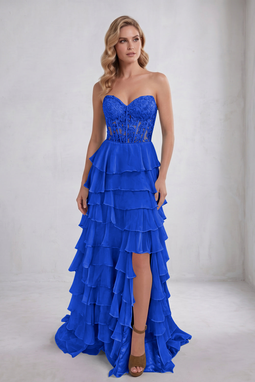Light Blue Sweetheart Chiffon Tiered Long Corset Prom Dress with Appliques