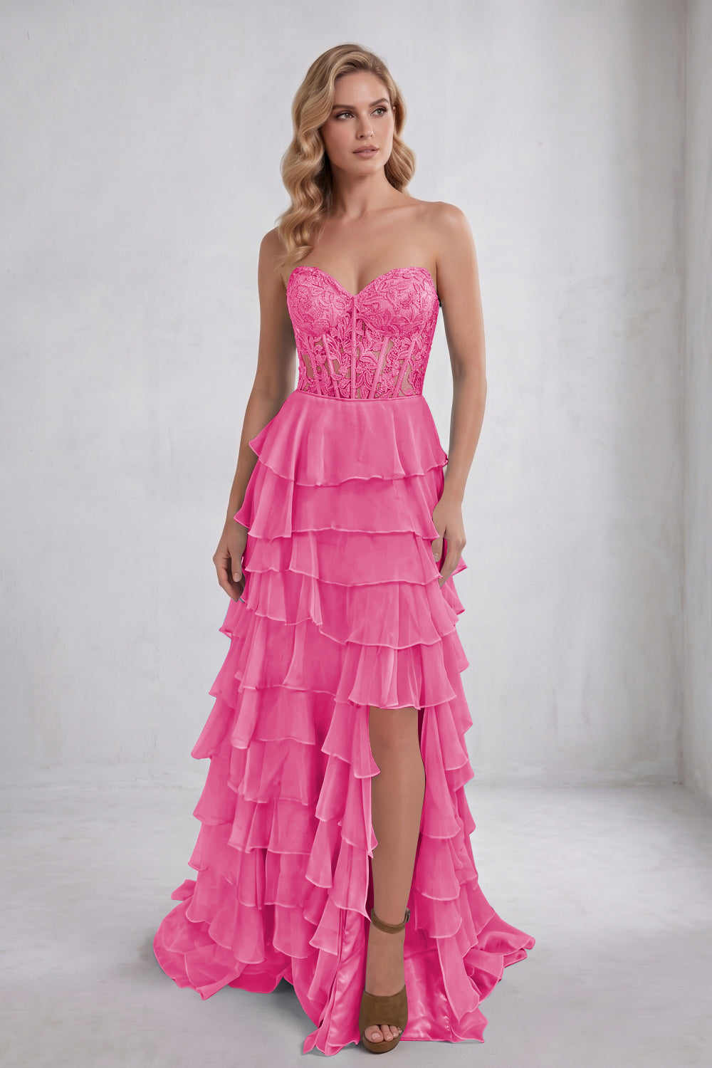 Light Blue Sweetheart Chiffon Tiered Long Corset Prom Dress with Appliques