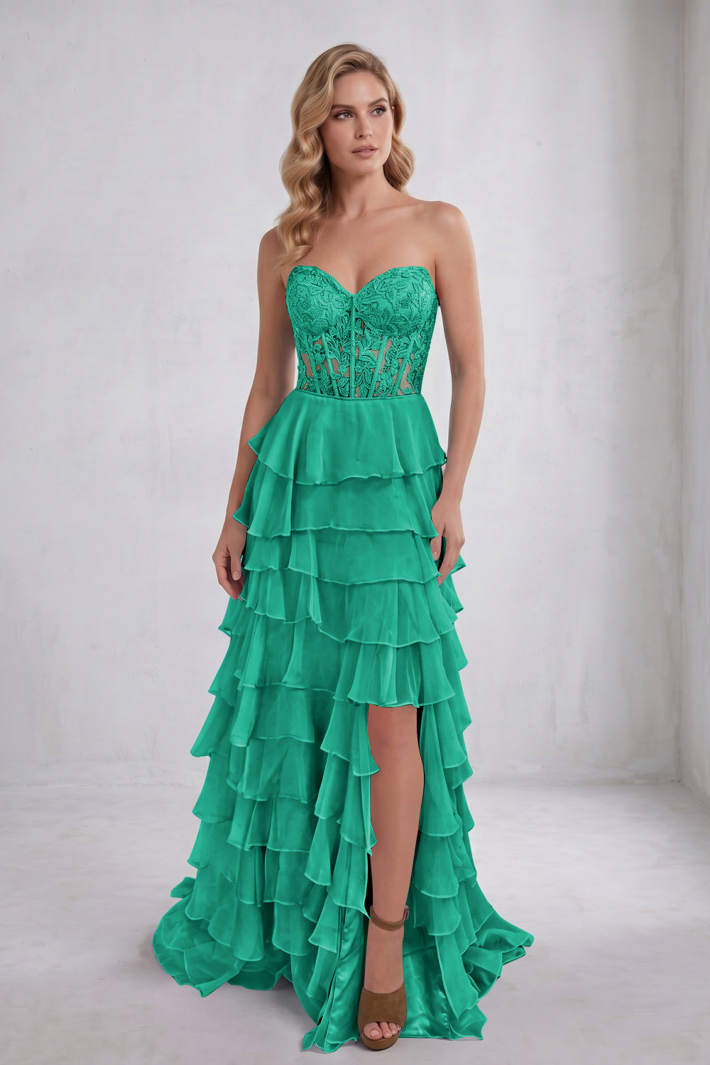 Light Blue Sweetheart Chiffon Tiered Long Corset Prom Dress with Appliques