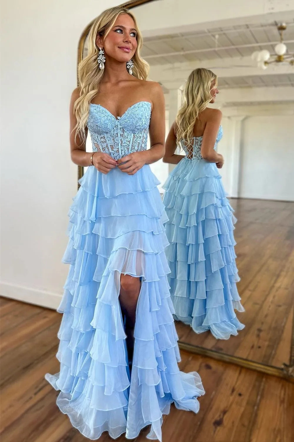 Light Blue Sweetheart Chiffon Tiered Long Corset Prom Dress with Slit