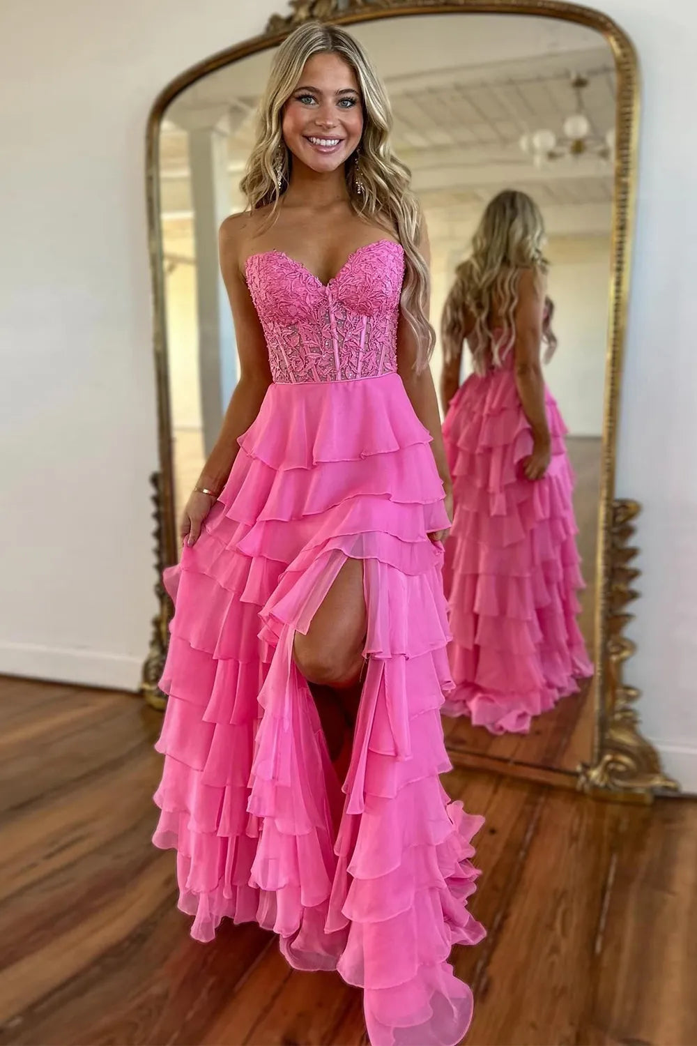 Light Blue Sweetheart Chiffon Tiered Long Corset Prom Dress with Slit
